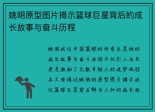 姚明原型图片揭示篮球巨星背后的成长故事与奋斗历程